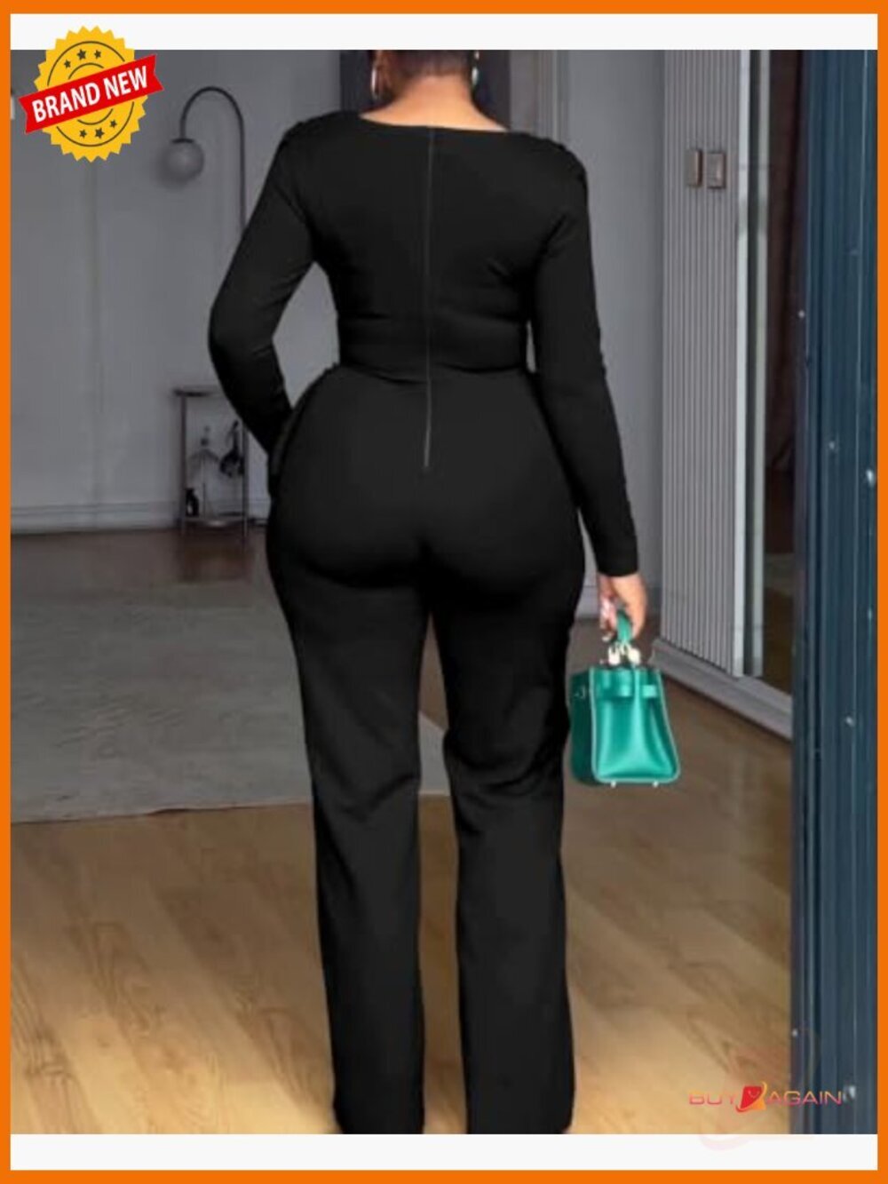 Women's Long Sleeve Jumpsuit Dressy Cowl Neck Asymmetrical Hem Back Zipper One - Picture 5 of 7